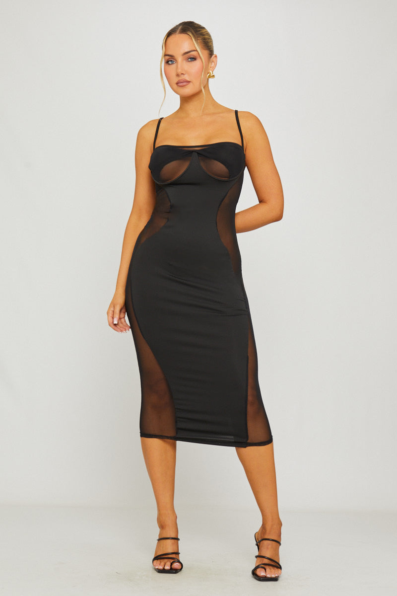 Black Mesh Panel Cut Out Underwired Midi Dress