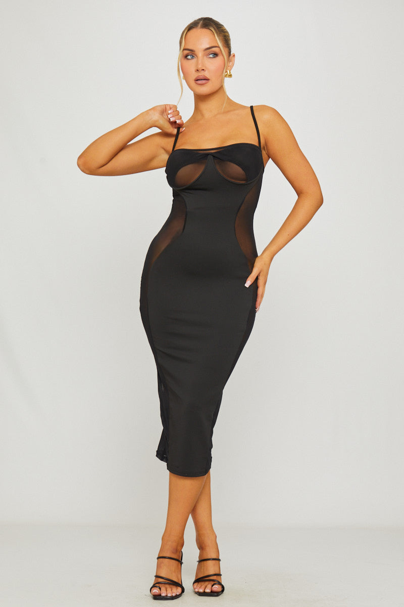 Black Mesh Panel Cut Out Underwired Midi Dress