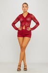 Wine Sheer Lace Button Top & Shorts Co-Ord