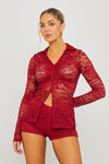 Wine Sheer Lace Button Top & Shorts Co-Ord