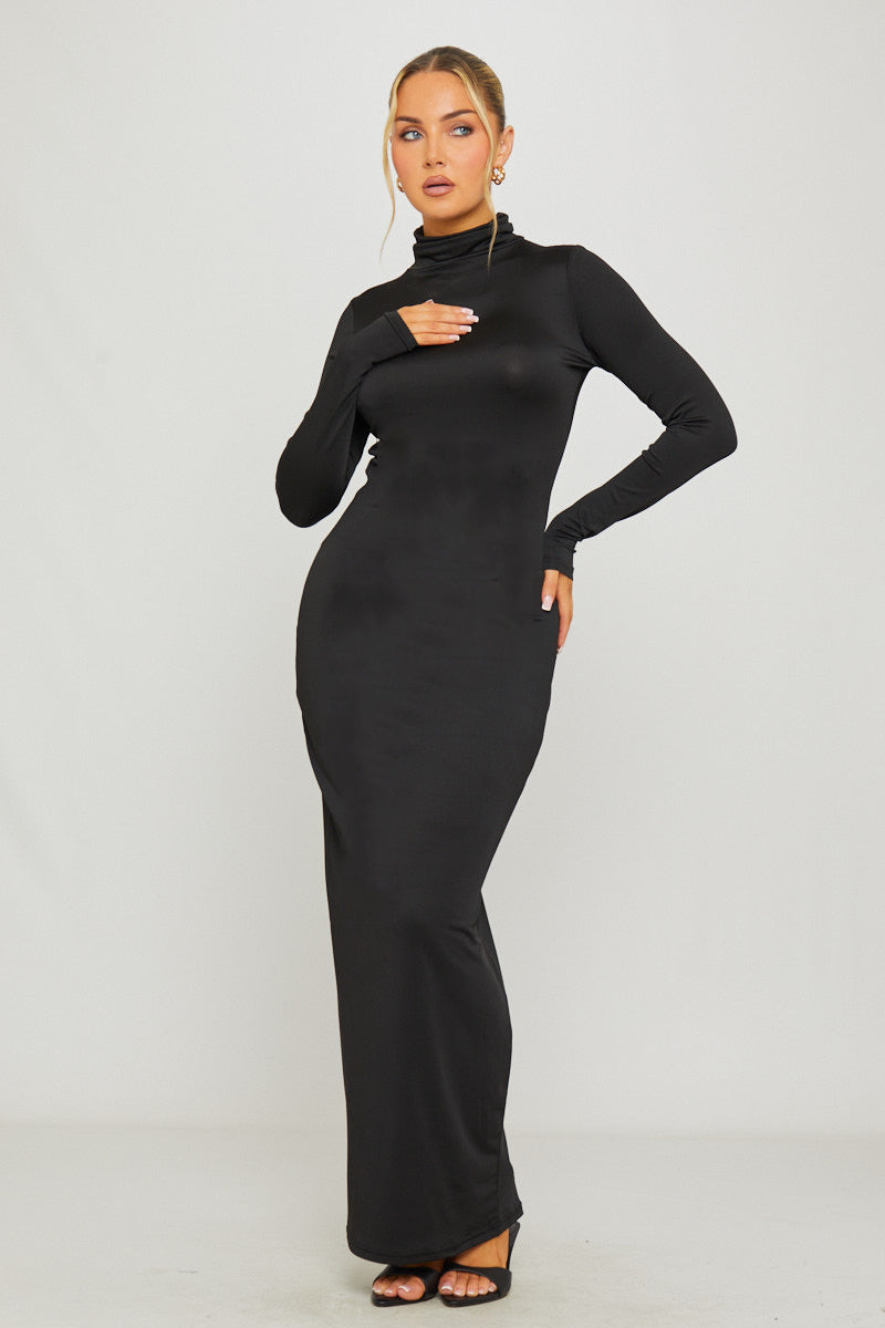 black bodycon maxi dress long sleeve Black Turtleneck Bodycon Maxi Dress