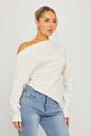 Cream Asymmetric One Shoulder Long Sleeve Top