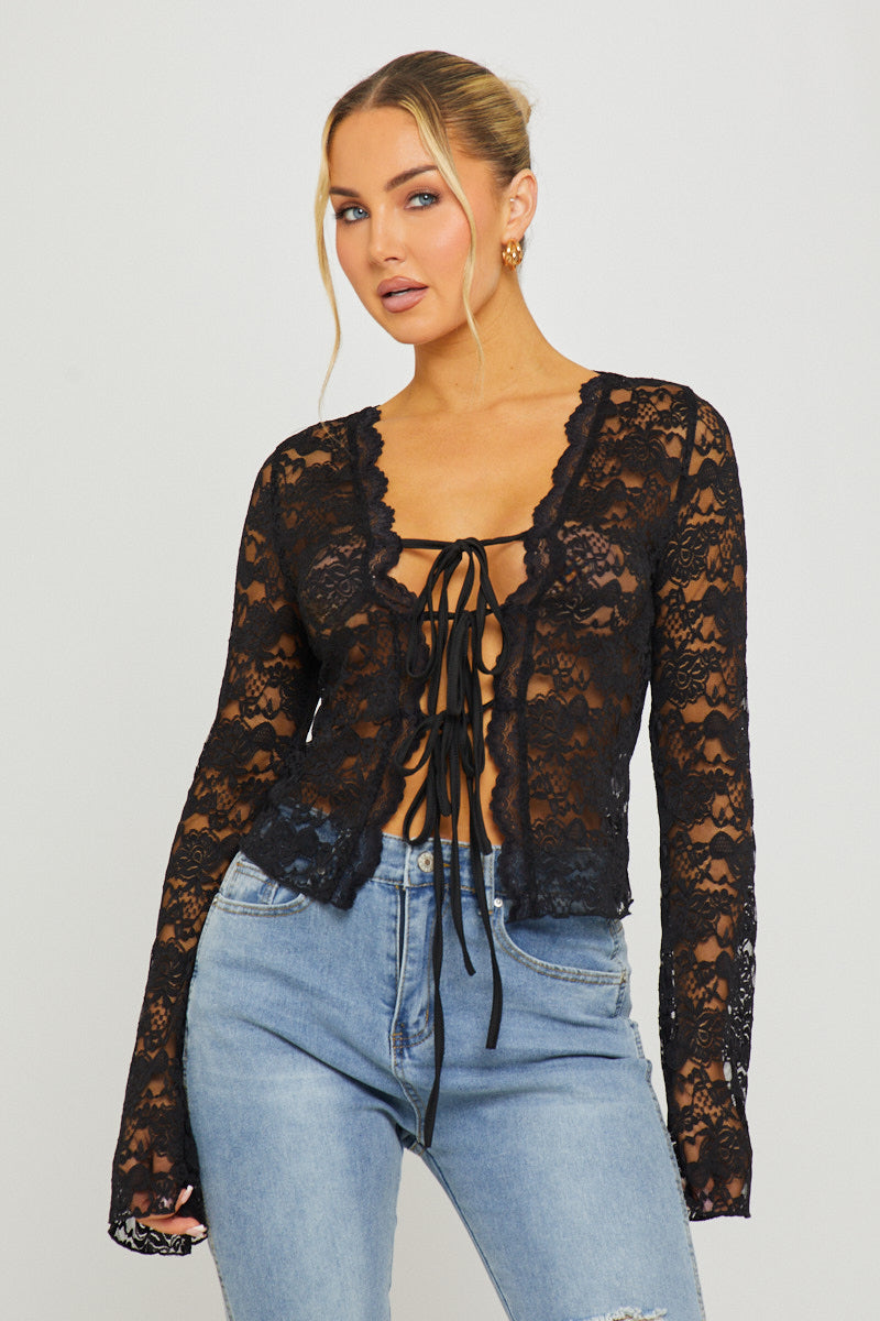 Black Lace Tie Front Flared Sleeve Top
