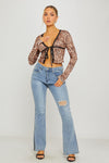 Leopard Print Lace Trim Tie Front Split Detail Top