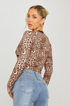 Leopard Print Lace Trim Tie Front Split Detail Top