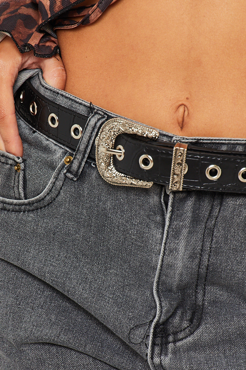 Black Western Faux Alligator Leather Belt