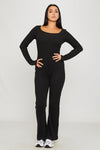Black Rib Knit Square Neck Long Sleeve Jumpsuit