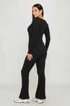 Black Rib Knit Square Neck Long Sleeve Jumpsuit