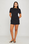 Black Short Sleeve Pleated Pocket Mini Dress