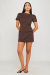 Brown Short Sleeve Pleated Pocket Mini Dress