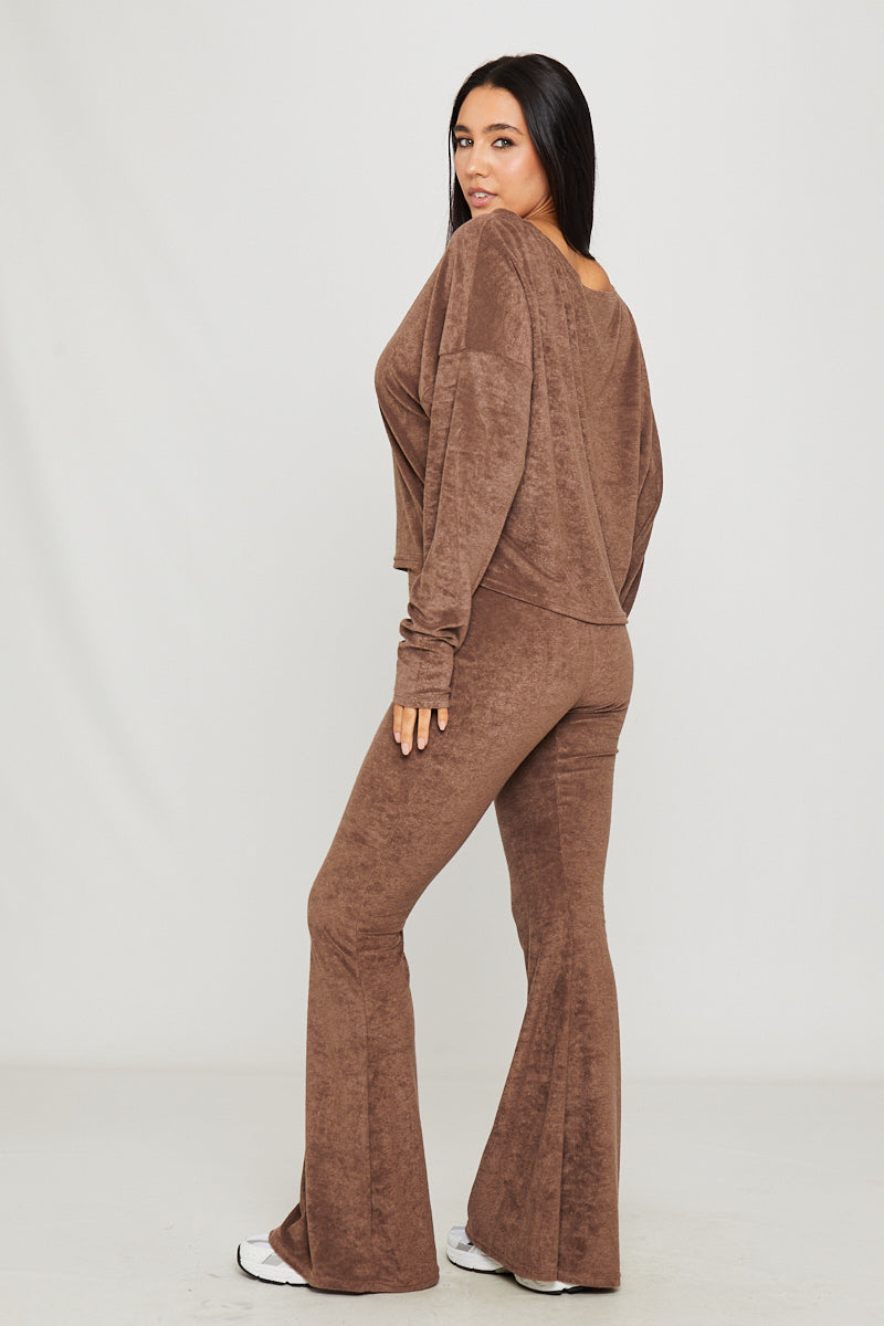 Brown Knitted One Shoulder Top & Pants Loungewear Set