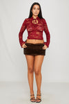 Burgundy Sheer Lace Keyhole Detail Top