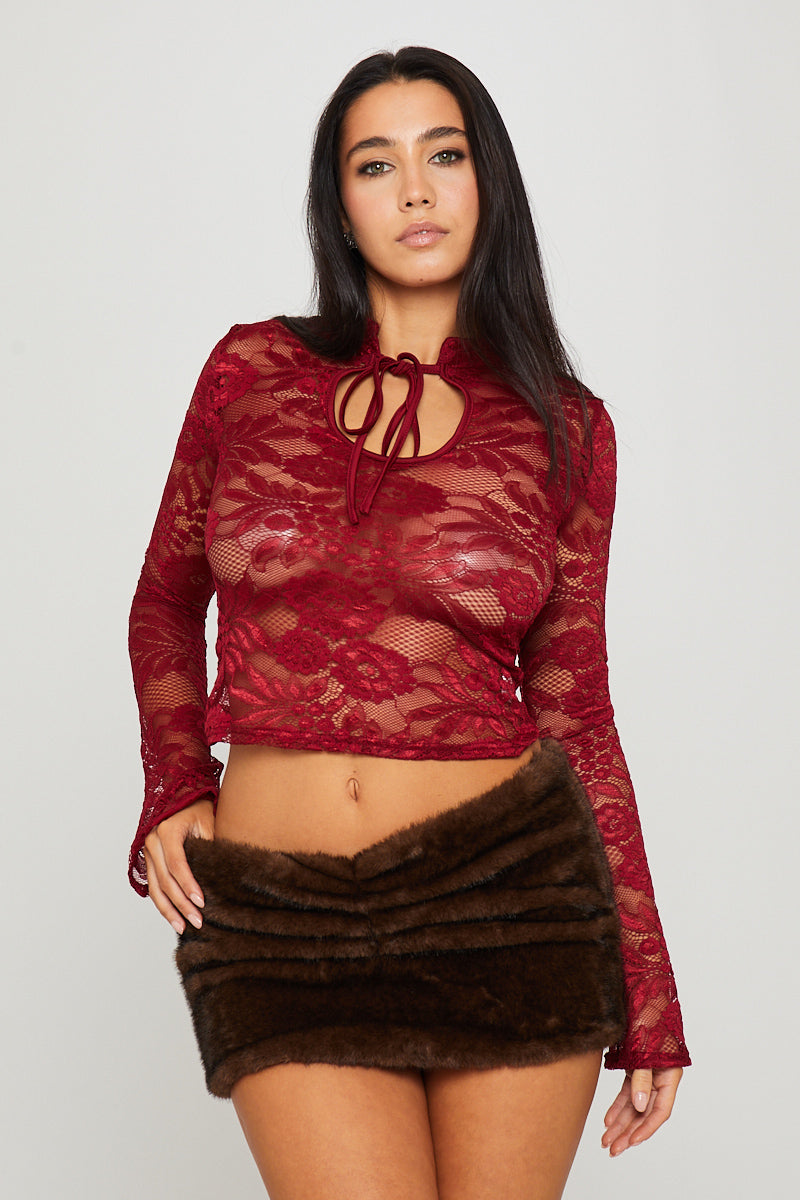 Burgundy Sheer Lace Keyhole Detail Top
