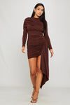 Brown High Neck Long Sleeve Draped Mini Dress