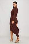 Brown High Neck Long Sleeve Draped Mini Dress