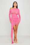 Pink Sheer One Shoulder Draped Mini Dress