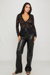 Black Sheer Lace Button Front Long Sleeve Top