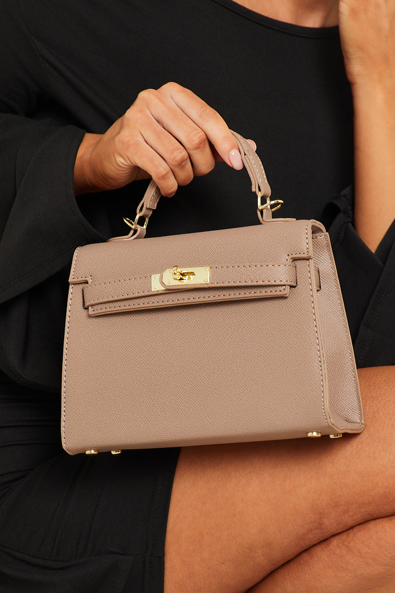 Taupe Faux Leather Top Handle Tote Bag