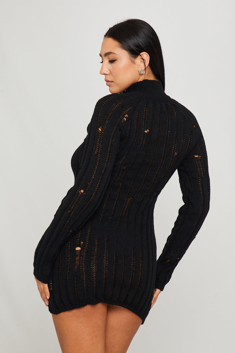 Black Turtle Neck Distressed Long Sleeve Jumper Dress