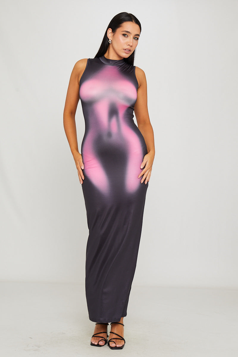 Black Body Heat Print High Neck Sleeveless Maxi Dress
