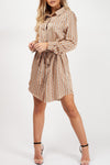 Nude Satin Geometric Print Belted Shirt Dress