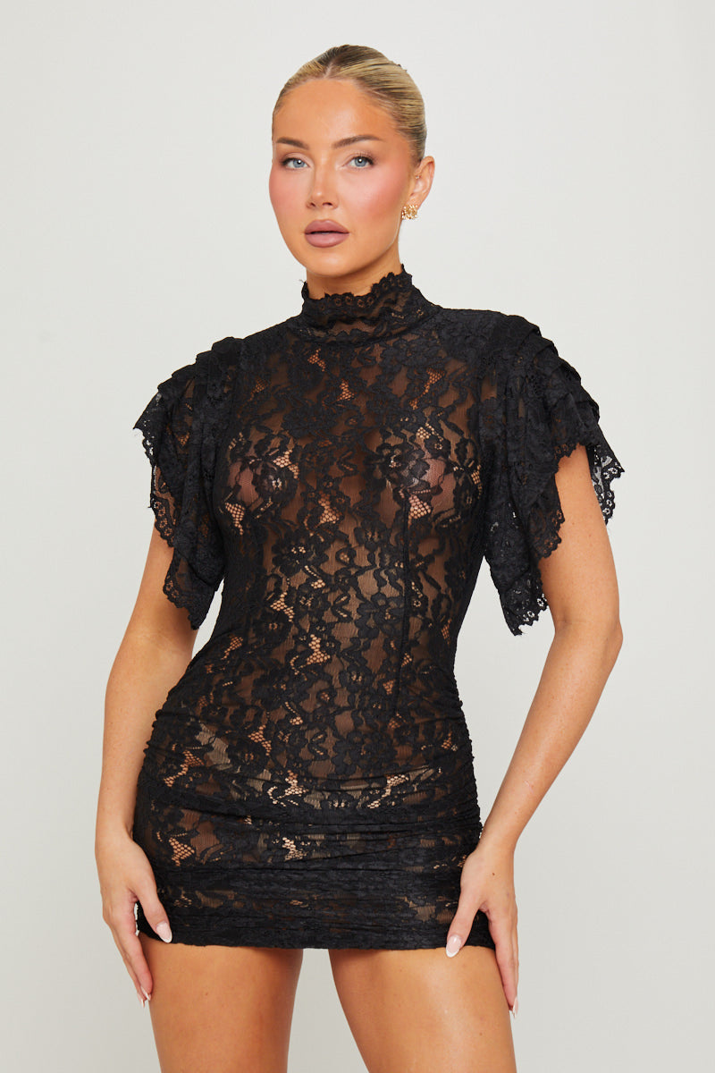 black lace puffball mini dress 'Beauty' Black Lace Puffball Mini Dress