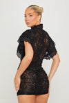 Black Sheer Lace Ruched Bodycon Mini Dress