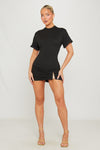Black Padded Shoulder Gold Buckle Mini Dress