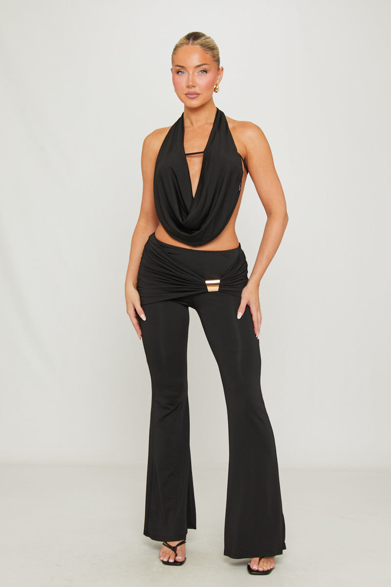 Black Cowl Halter Top & Flare Trouser Co-Ord