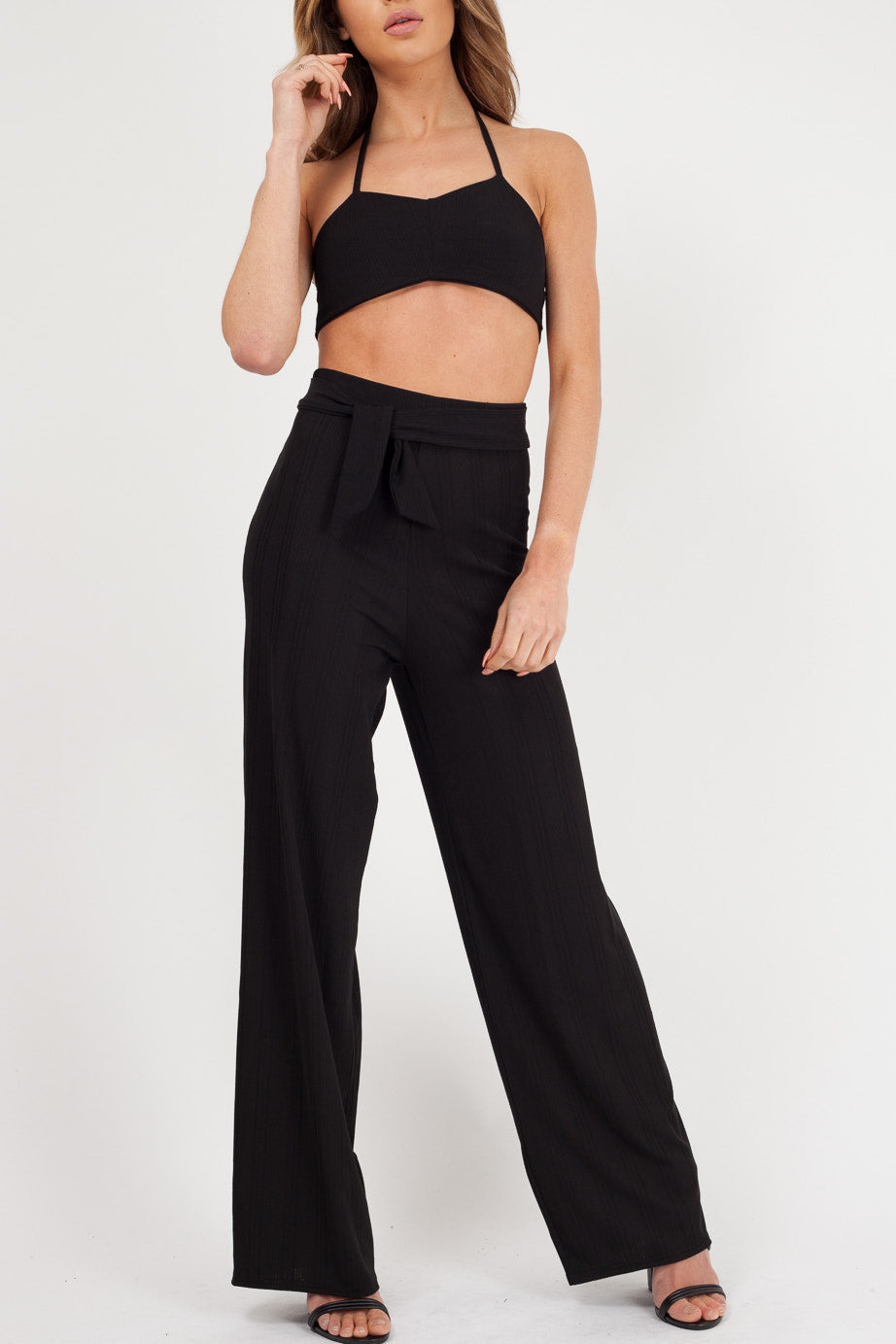 Black Ribbed Tie-up Bralet & Trouser Co-ord Set