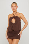 Brown Halter Keyhole Cut Out Mini Dress