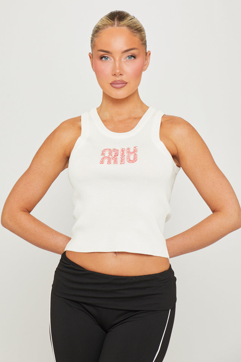 White/Pink Logo Embellished Ribbed Tank Top