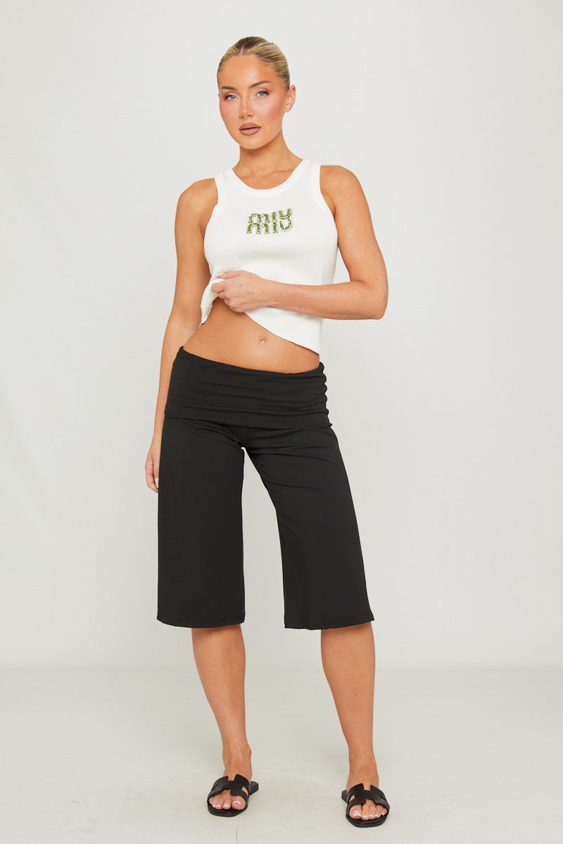 Black Fold Over Wide Leg Capri Leggings