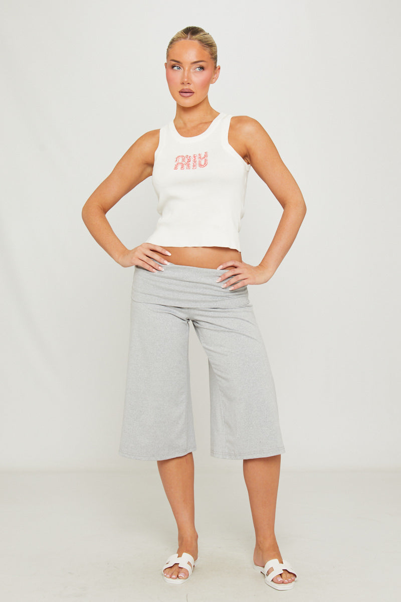 Light Grey Fold Over Wide Leg Capri Leggings