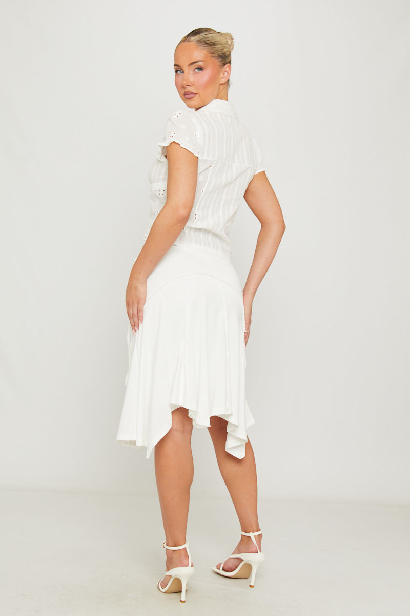 White Asymmetrical Tie Waistband Midi Skirt