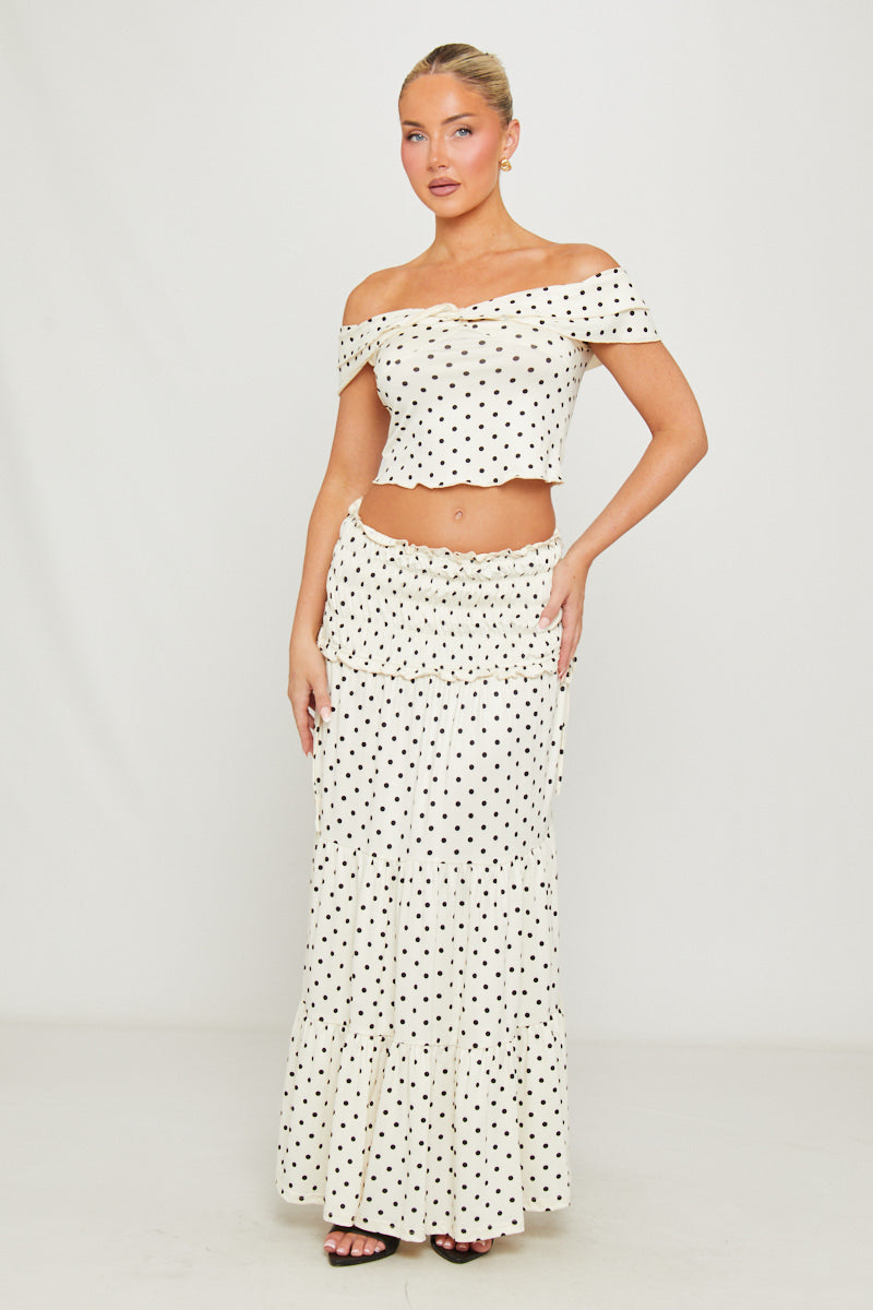 White Polka Dot Off Shoulder Top & Maxi Skirt Co-Ord