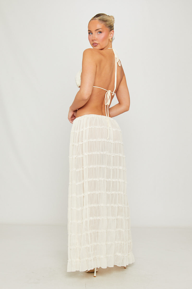 Cream Ruched Sheer Tie Detail Maxi Skirt