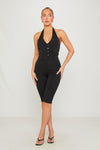 Black Plunge Button Detail Capri Jumpsuit