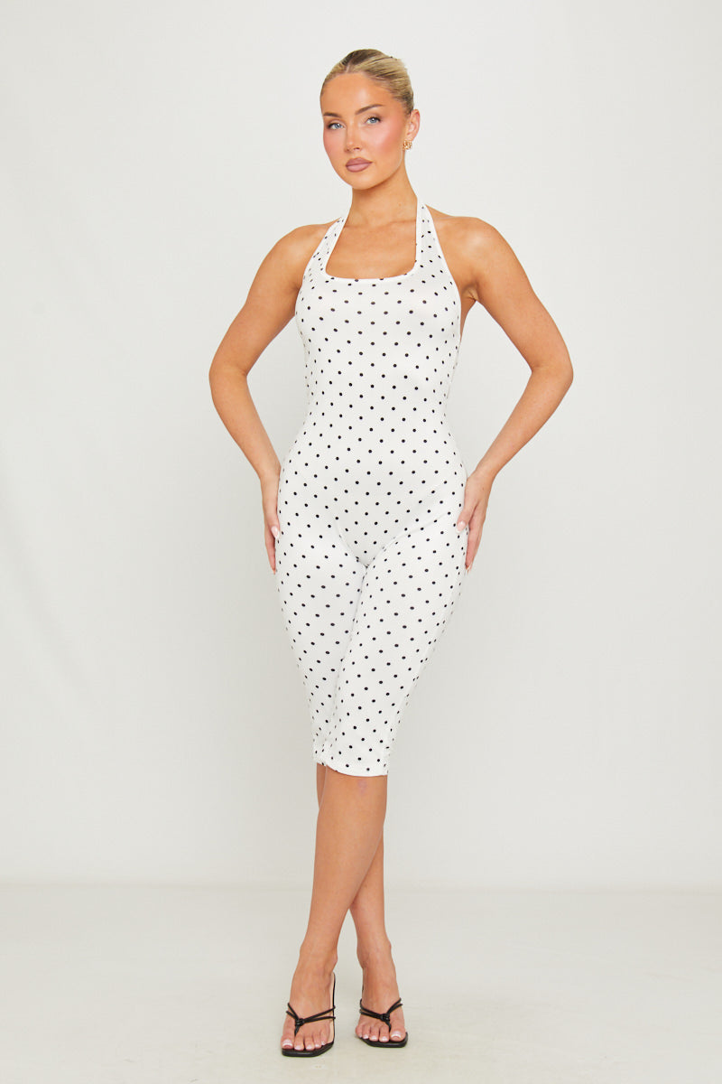 White Polka Dot Halterneck Capri Jumpsuit
