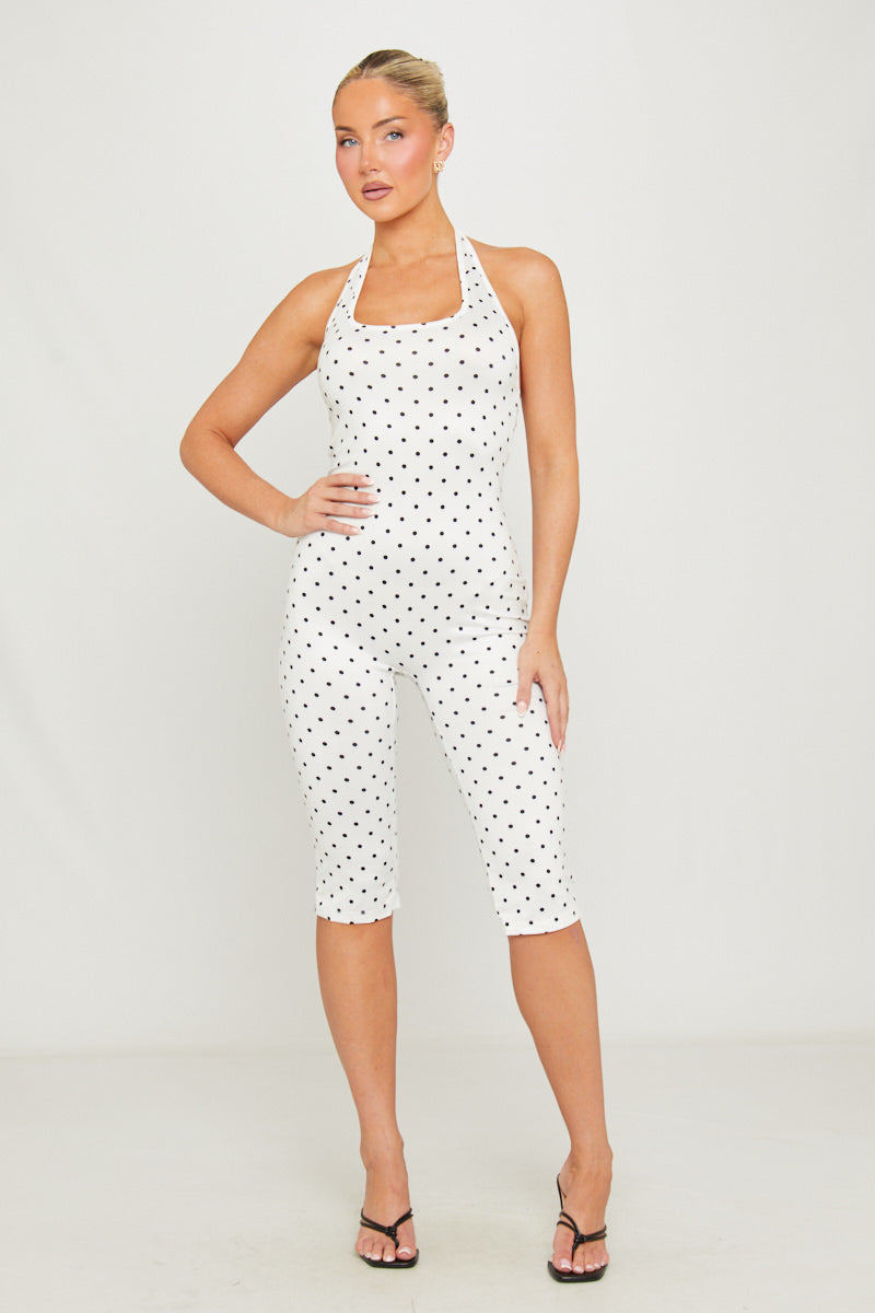 White Polka Dot Halterneck Capri Jumpsuit