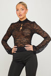 Black Sheer Lace High Neck Keyhole Detail Top