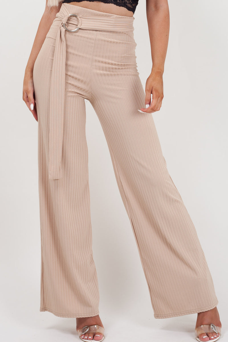 Stone Ring Belted Ribbed Wide Leg Trousers