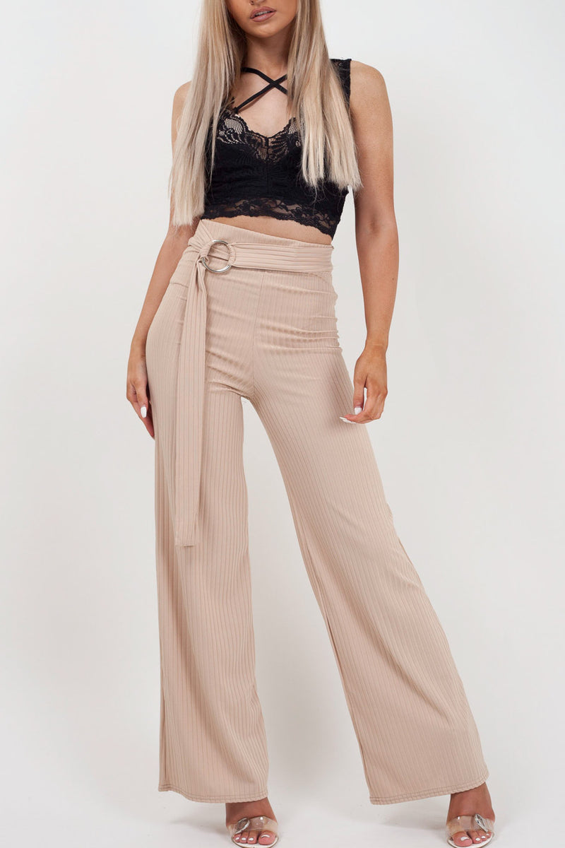Stone Ring Belted Ribbed Wide Leg Trousers