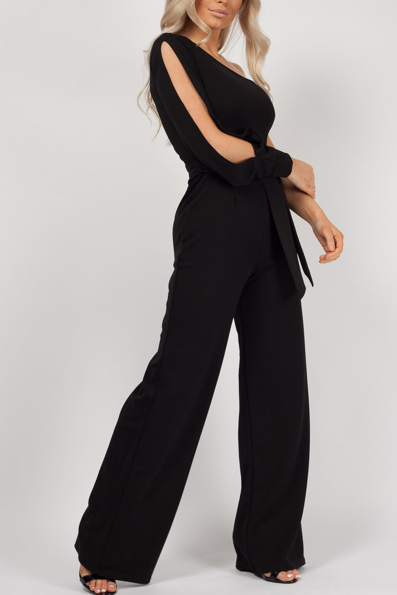 Black One Shoulder Split Sleeve Jumpsuit