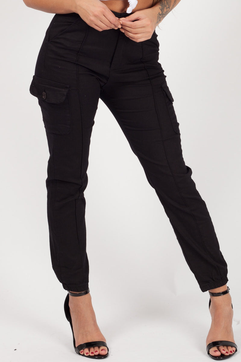Black Slim Fit High Waisted Cargo Trousers