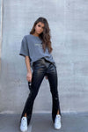 Black Faux Leather Split Front Flared Trousers