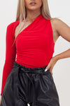 Red Slinky One Sleeve Cut Out Bodysuit