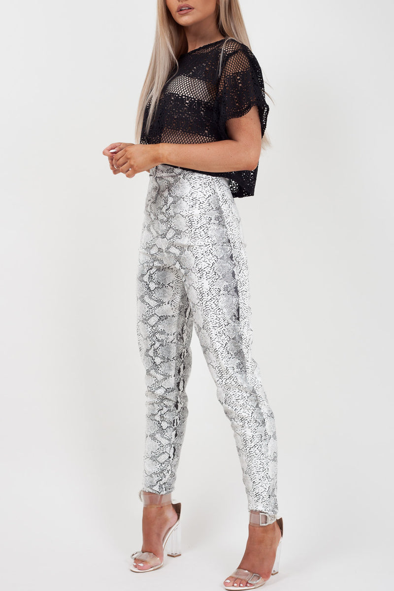 Cream Snake Print Zip Front PU Leggings