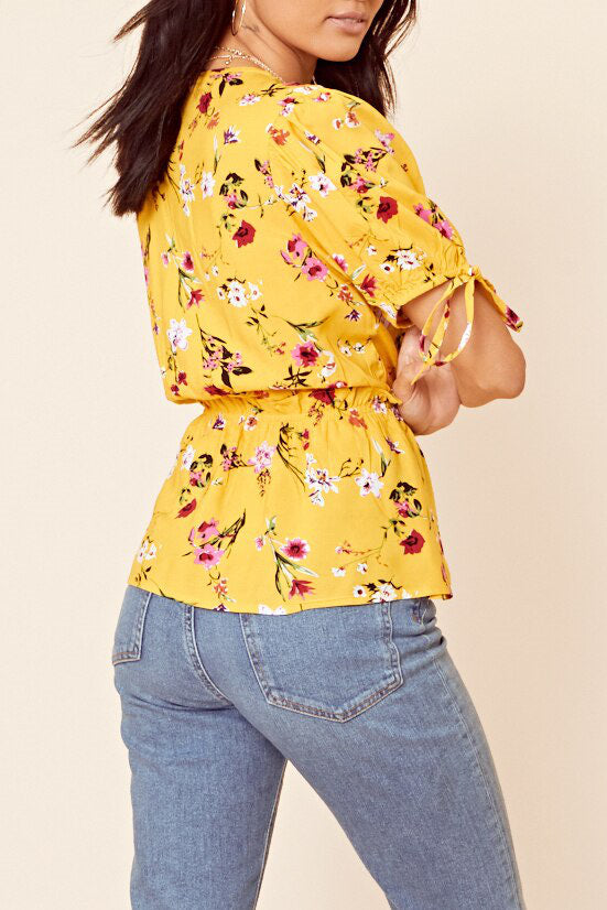 Yellow Floral Wrap Top with Tie Sleeve Detail