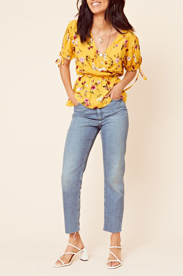 Yellow Floral Wrap Top with Tie Sleeve Detail